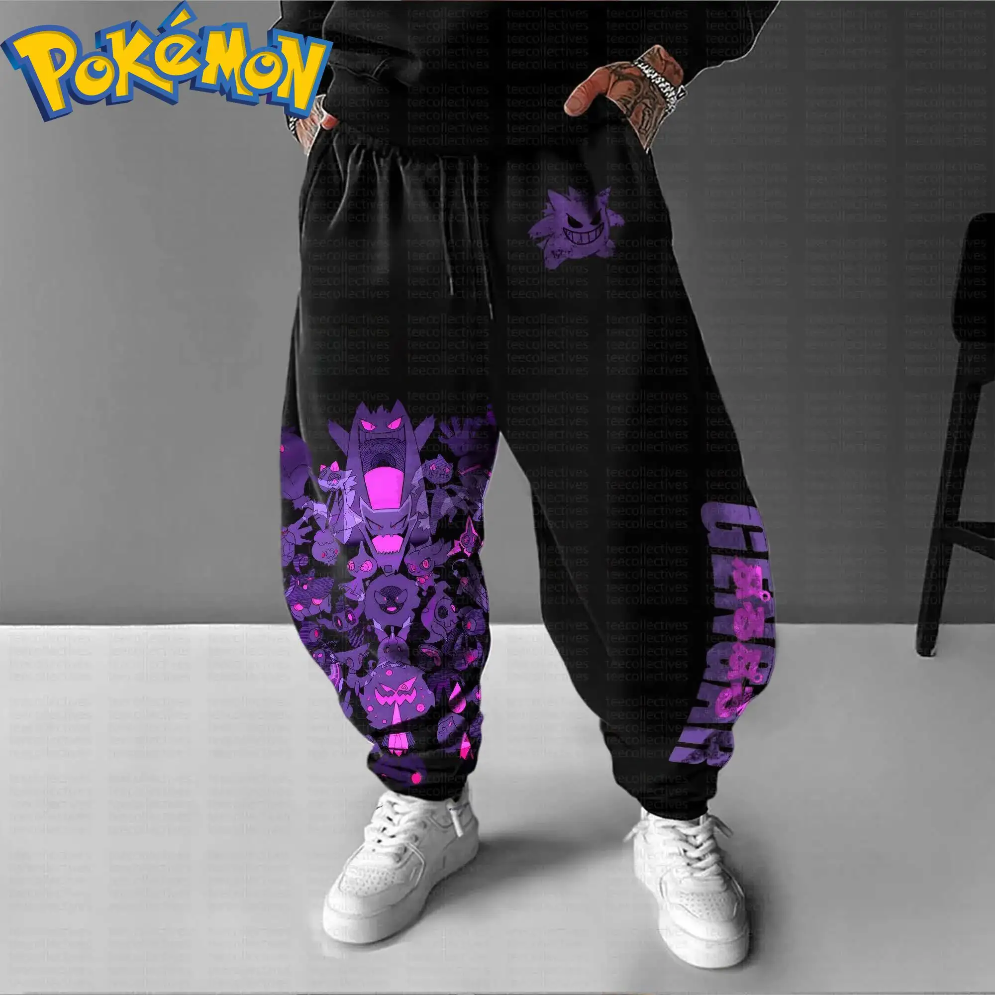 Pokemon Anime Baumwolle Hoodie Harajuku Hosen Set Schwarzer Charakterdruck mit lila rosa Multi-Kreatur-Muster Zweiteiliges Outfit