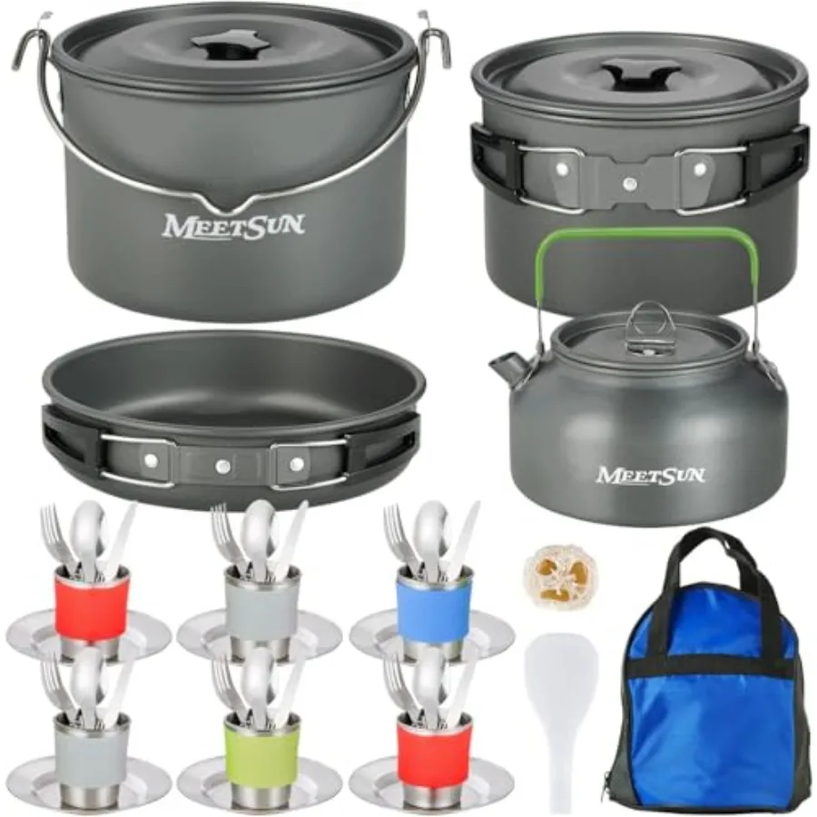 

MEETSUN Camping Cookware Set - 37 PCS Large Size Hanging Pot with Camping Pots and Pans Camp Cooking Set for 6 People Mess Kit