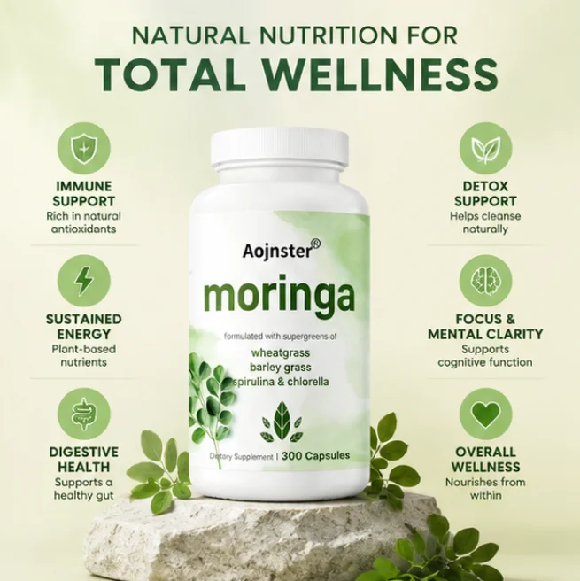 Moringa Capsules with Wheatgrass, Barley Grass, Spirulina & Chlorella, 300 Count, Super Greens Herbal Dietary Supplement