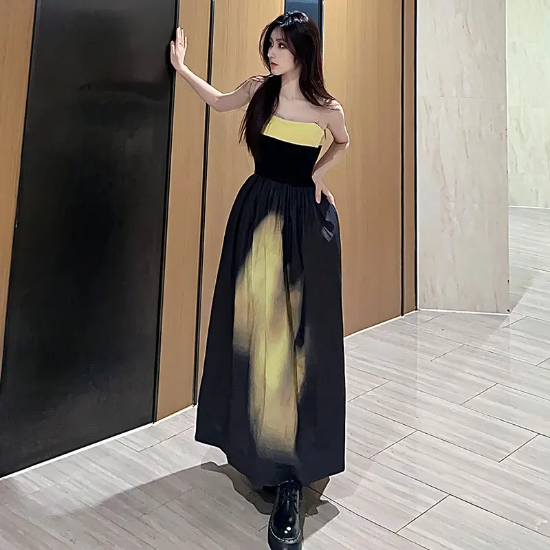 Summer Dress Cotton Print Wrap Chest Style Drawstring Dress with Exposed Collarbone Style