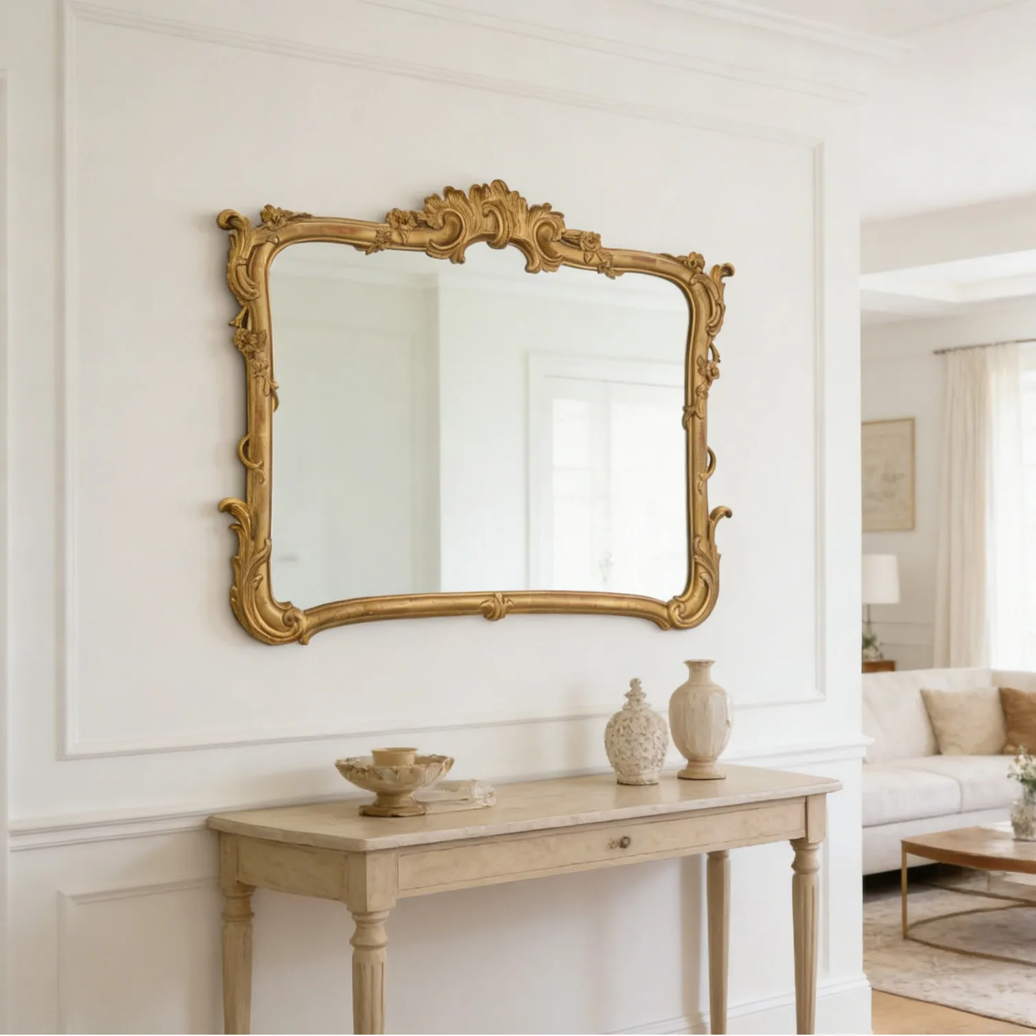 French Rococo gilt fireplace wall hanging mirror retro old carved decorative  porch light luxury makeup