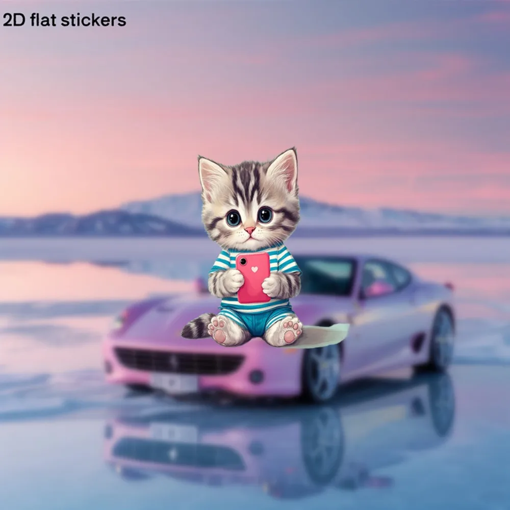 Cute Kitten & Smartphone Tabby with Pink Phone Glossy Plastic Decal for Cars Laptops Water Bottles Anime Kawaii Accessory