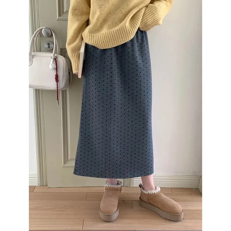 

Wool Blended Rear Split Polka Dot Skirt Autumn and Winter