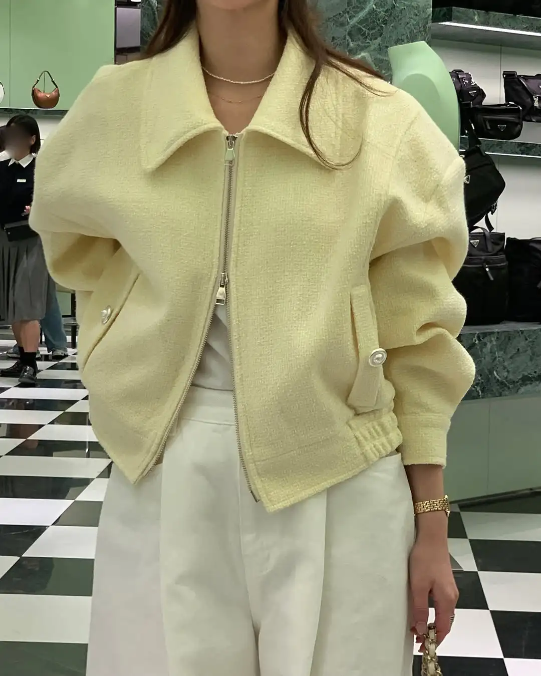 Women's Elegant Korean Style Tweed Two Way Zipper Loose Jacket Lady Solid Color Turn Down Collar Long Sleeve Short Tweed Outwear