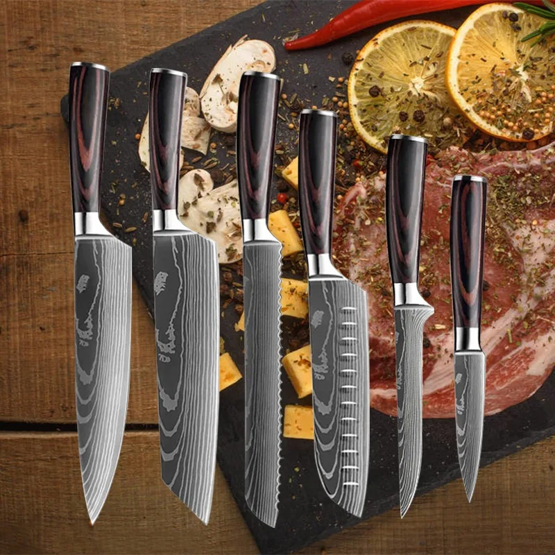 1-10pcs Japanese Knife Set 7CR17440C Laser Damascus Kitchen Knives Meat Cleaver Chef Knife Sharp Fish Slicing Knife Bread Knives