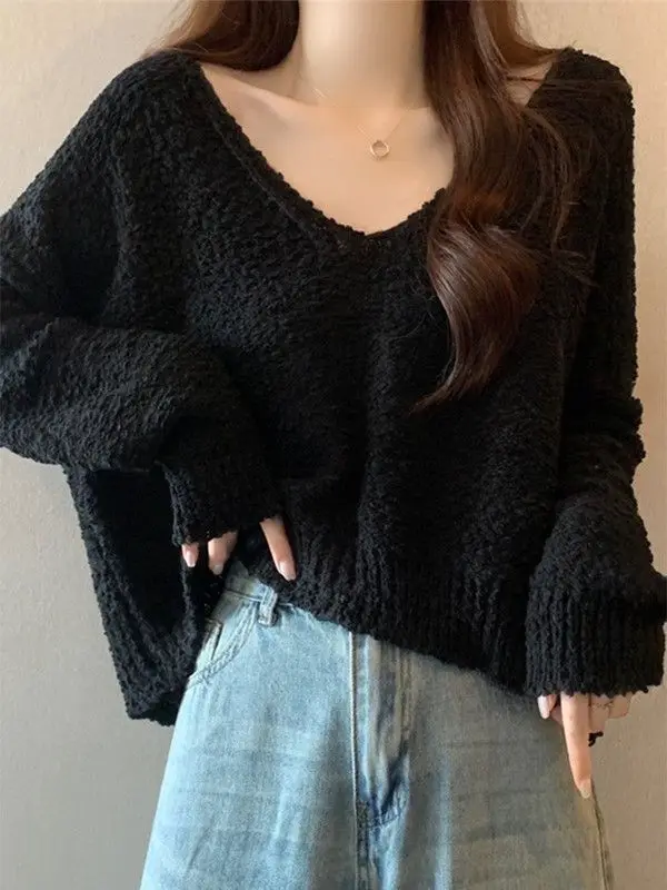 

Short V-neck Knitted Pullover Women Autumn Winter High Waist Sweater Korean Fashion Simple Solid Casual Sueter Mujer