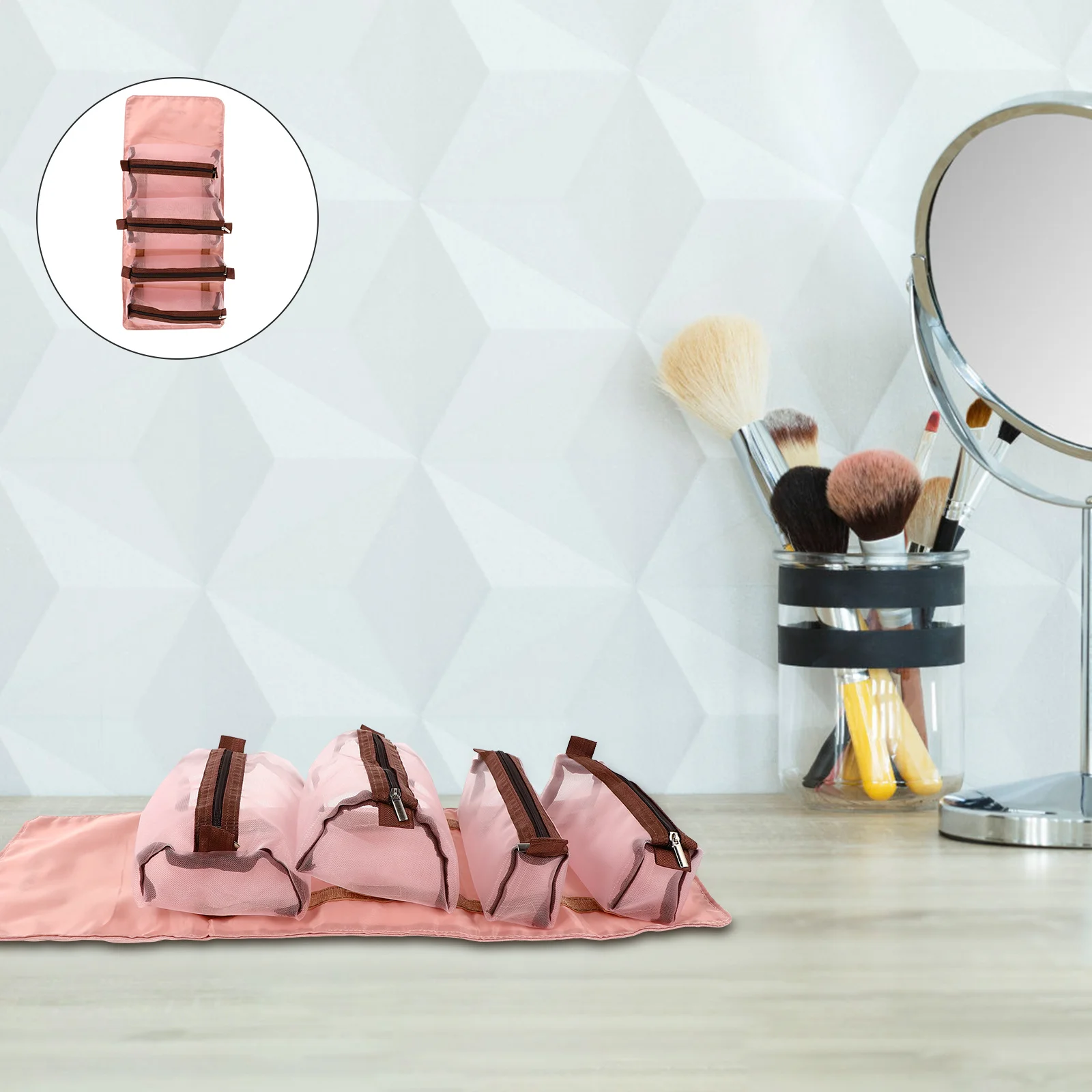 1pc 4 in 1 折りたたみ式メイクアップバッグ 取り外し可能な収納コンパートメント ロールアップオーガナイザー トラベルトイレタリー雑貨 ポータブル