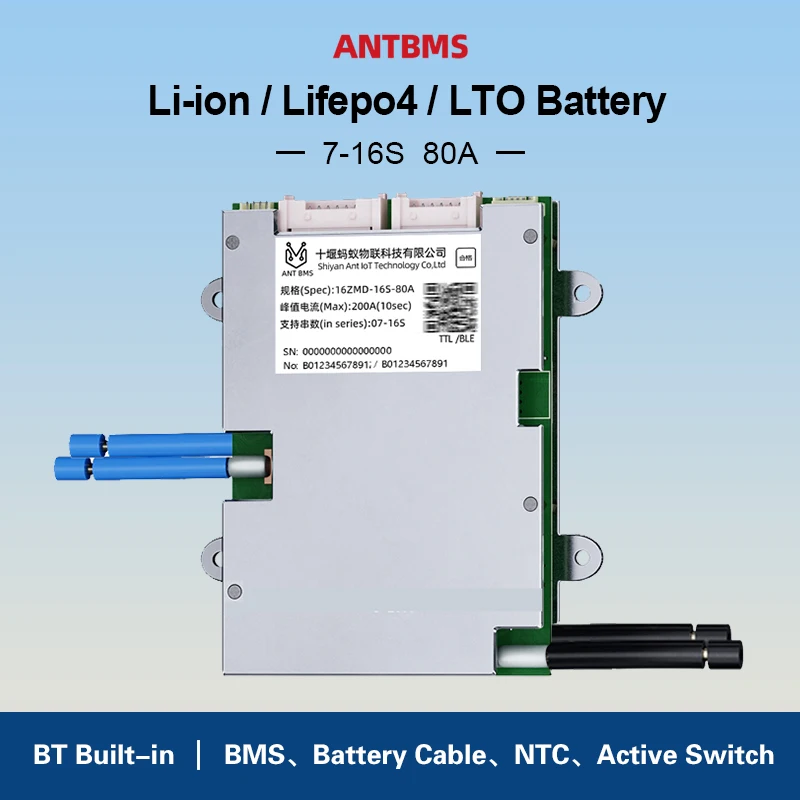 

Умная плата балансировки Smart ANT BMS 7-16S для Li-ion, LiFePO4, LTO аккумуляторов 8S 24V 36V 48V 60V 80A (пиковый ток 200A) для электровелосипедов и электросамокатов с поддержкой BT APP