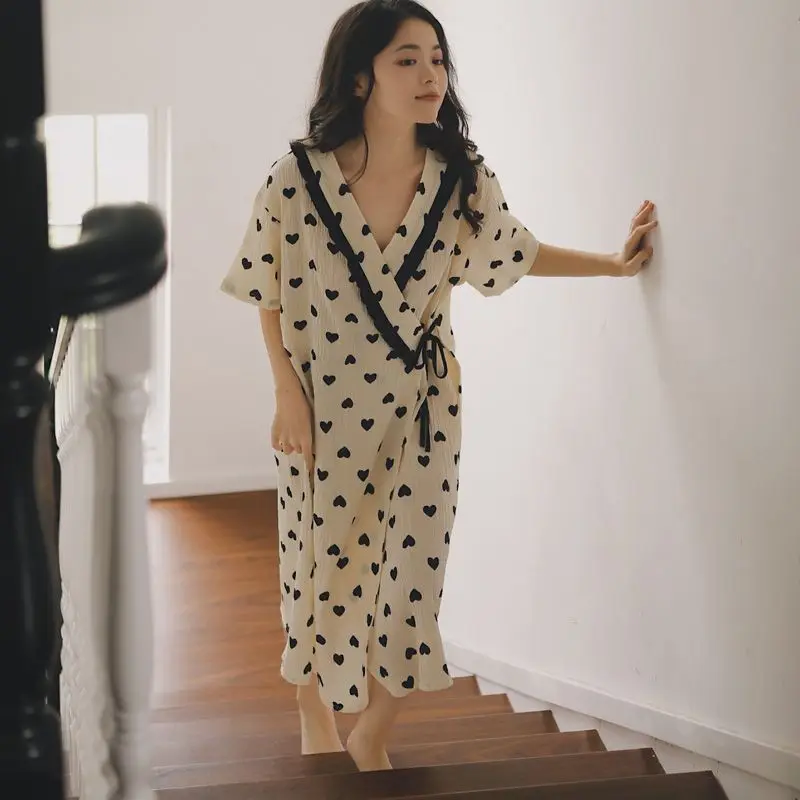 

Новое летнее тонкое кимоно, ночная рубашка с принтом для девочек, свободная домашняя одежда с короткими рукавами, пижамы средней длины, сексуальная ночная рубашка для женщин и девочек