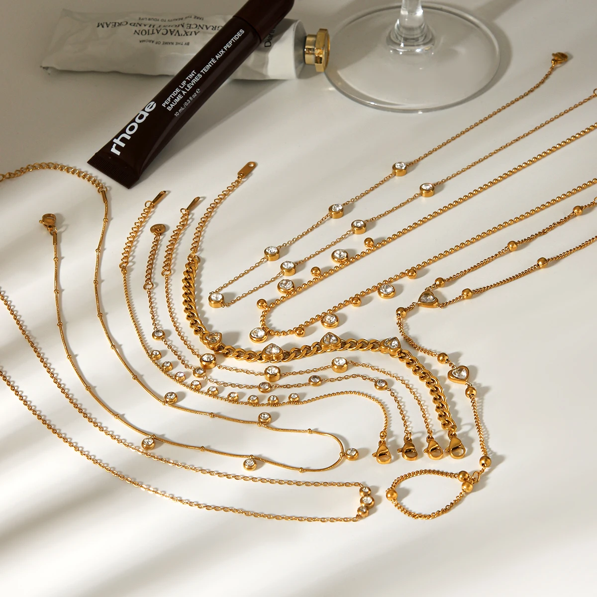 Vergoldetes Zirkon-Blumen-Schmuckset für Damen, zierliche Halskette, Armband, hypoallergen, Edelstahl, anlaufbeständig, Geschenk – Detail 20