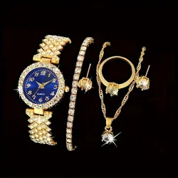 6pcs/set Luxury Rhinestone Quartz Watch Golden Fashion Stainless Steel Band Wrist Watch & Jewelry Set, Gifts For Women Her