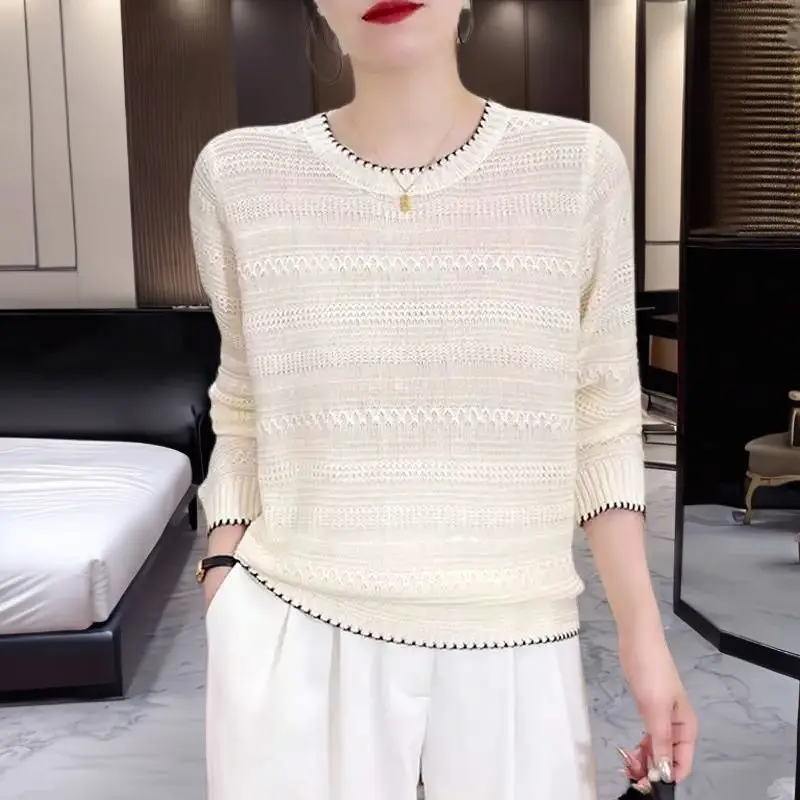 

Женская трикотажная футболка в Корейском стиле, Повседневная офисная футболка с длинным рукавом и круглым вырезом, Y2K, лето 2024