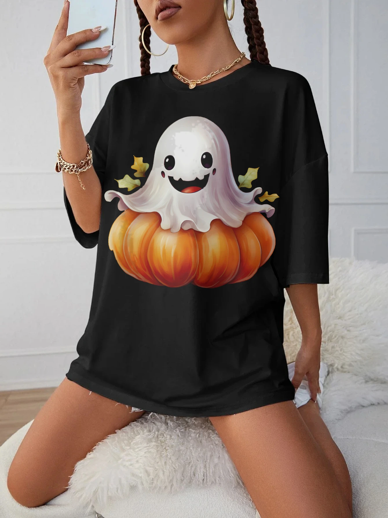 

Scary Halloween Pumpkin Stylish Black Maternity Top Loose Fit Round Neck Perfect for Late Pregnancy Winter Wear