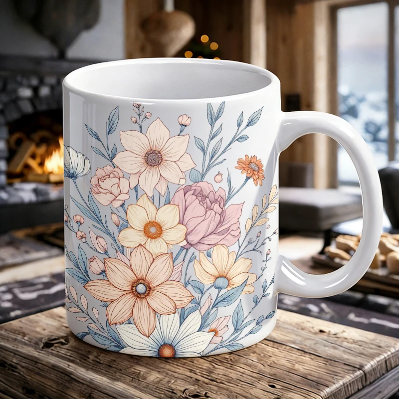 

1PCS Gentle Pastel Bouquet Ceramic Cup, Coffee Cup, Milk Cup, Office Tea Cup, Drinking Cup, Fade-Resistant, Gift for Friends