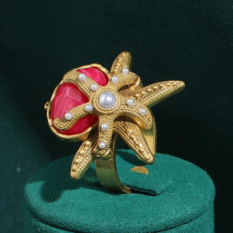 

Baroque Pearl Vintage Big Oval Red Starfish Ring Natural Stone Women Gold Color Music Festival Charm High New Trend 2026 Jewelry