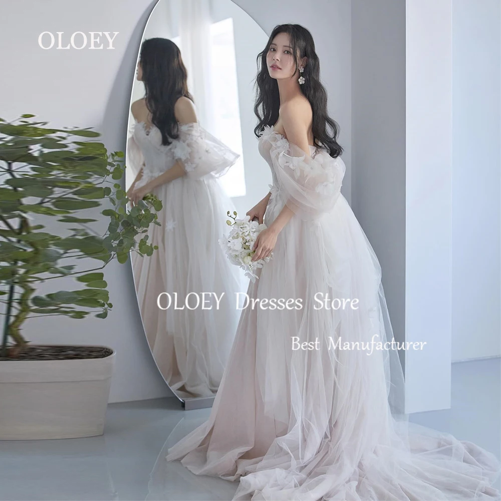 

OLOEY Elegant A Line Long Wedding Dress Korea Photoshoot Sweetheart Party Gown Appliques Soft Tulle Custom Made Formal Dress