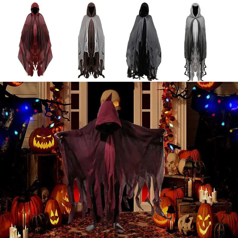 Halloween Ghost Cloak Adults Hooded Witch Cape For Women Masquerade Breathable Spooky Haunted House Costume Dress Up Helper