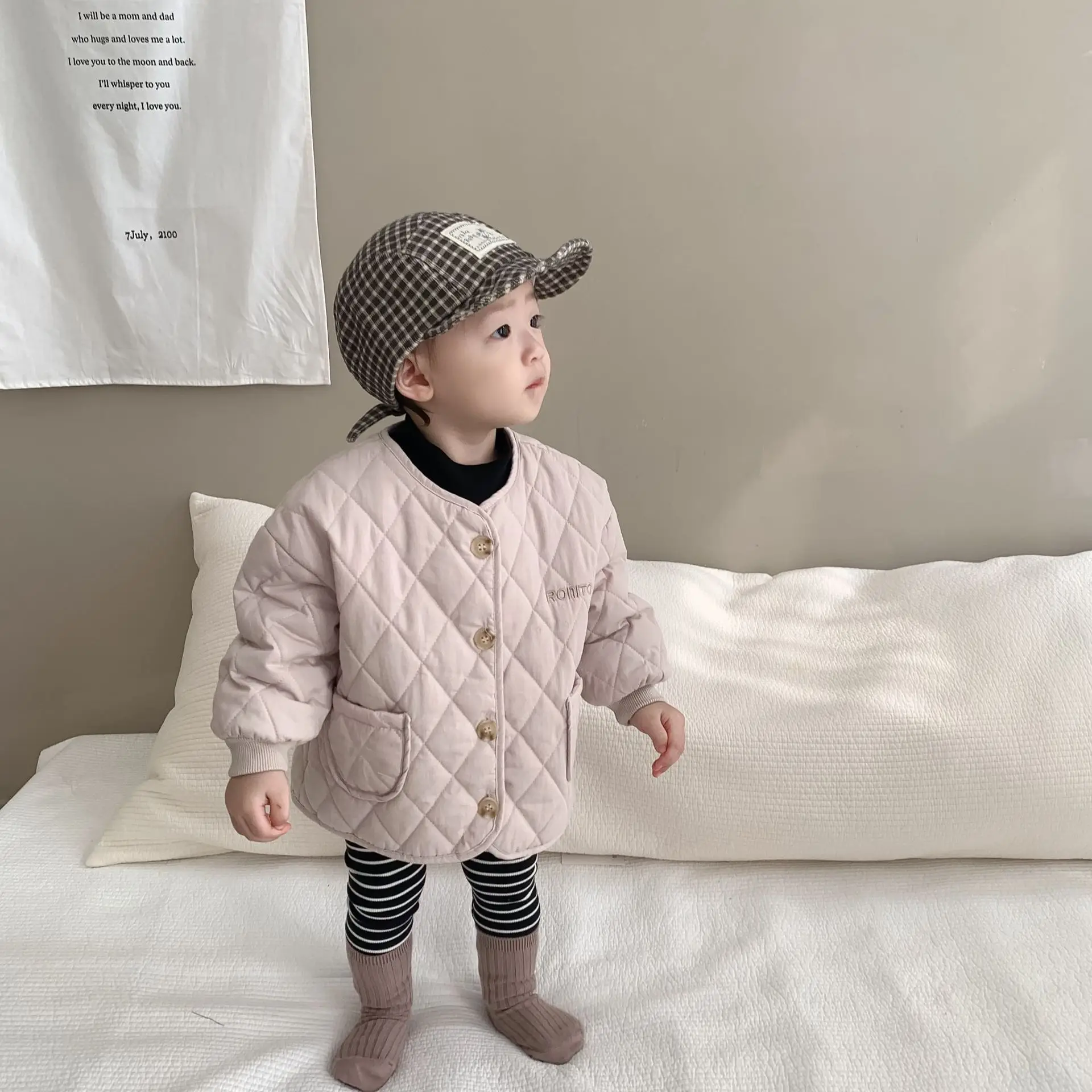 Infant Toddler Cotton Thick Windproof Coat 2025 Winter New Baby Long Sleeve Warm Coat Children Letter Embroidery Padded Jacket