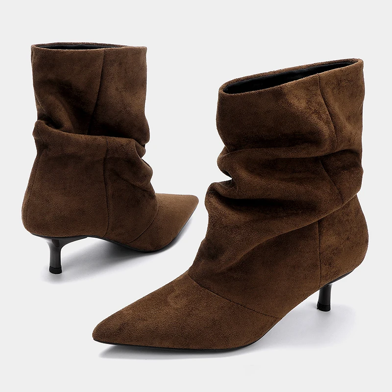 2026 New Retro Pleated Pile Pile Boots Fashion Suede Stiletto Mid-tube Women's Boots Street Ins Style Ankle Boots Female
