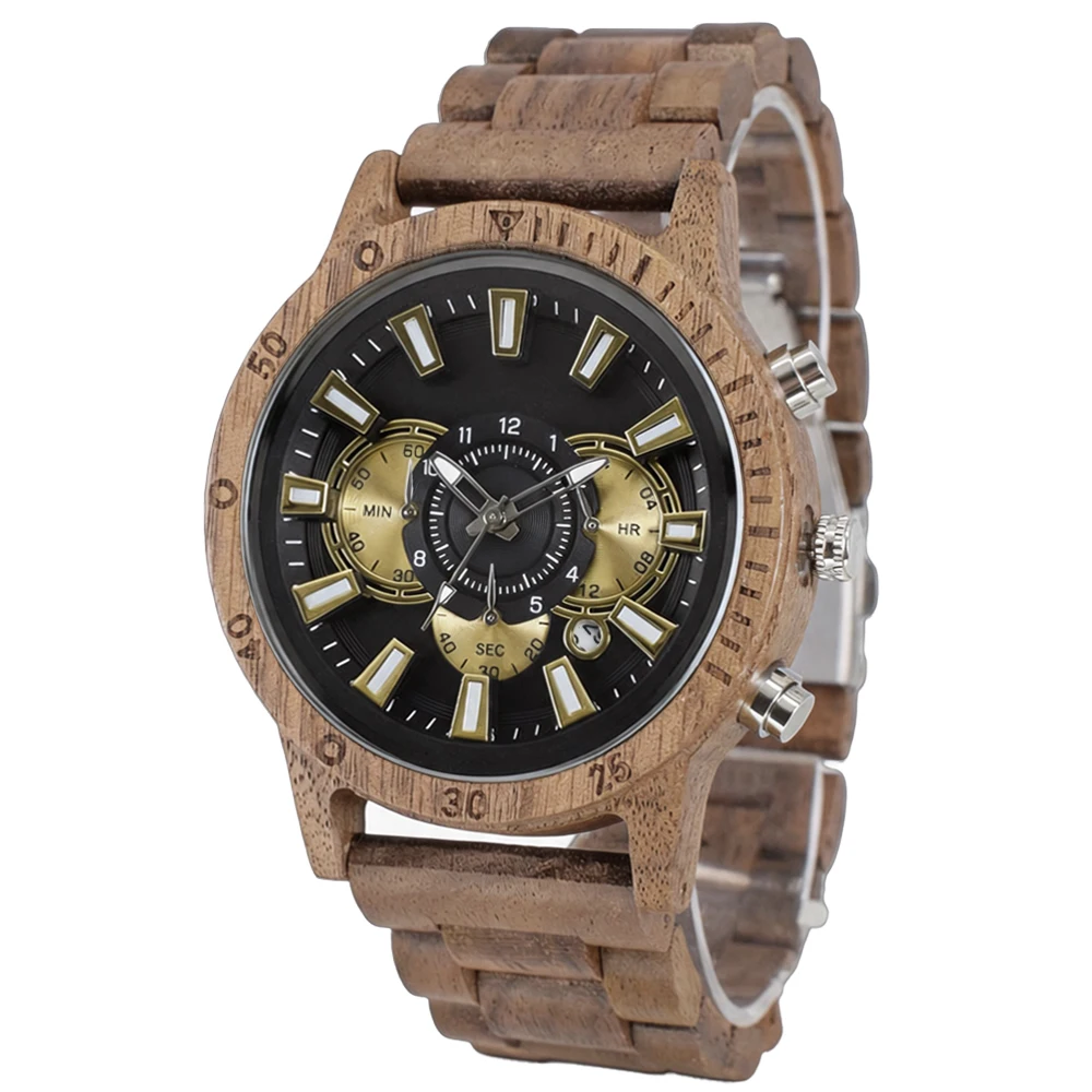 Sport Multifunction Quartz Watch for Men with Sandalwood Wooden Case and Calendar Luminous Chronograph