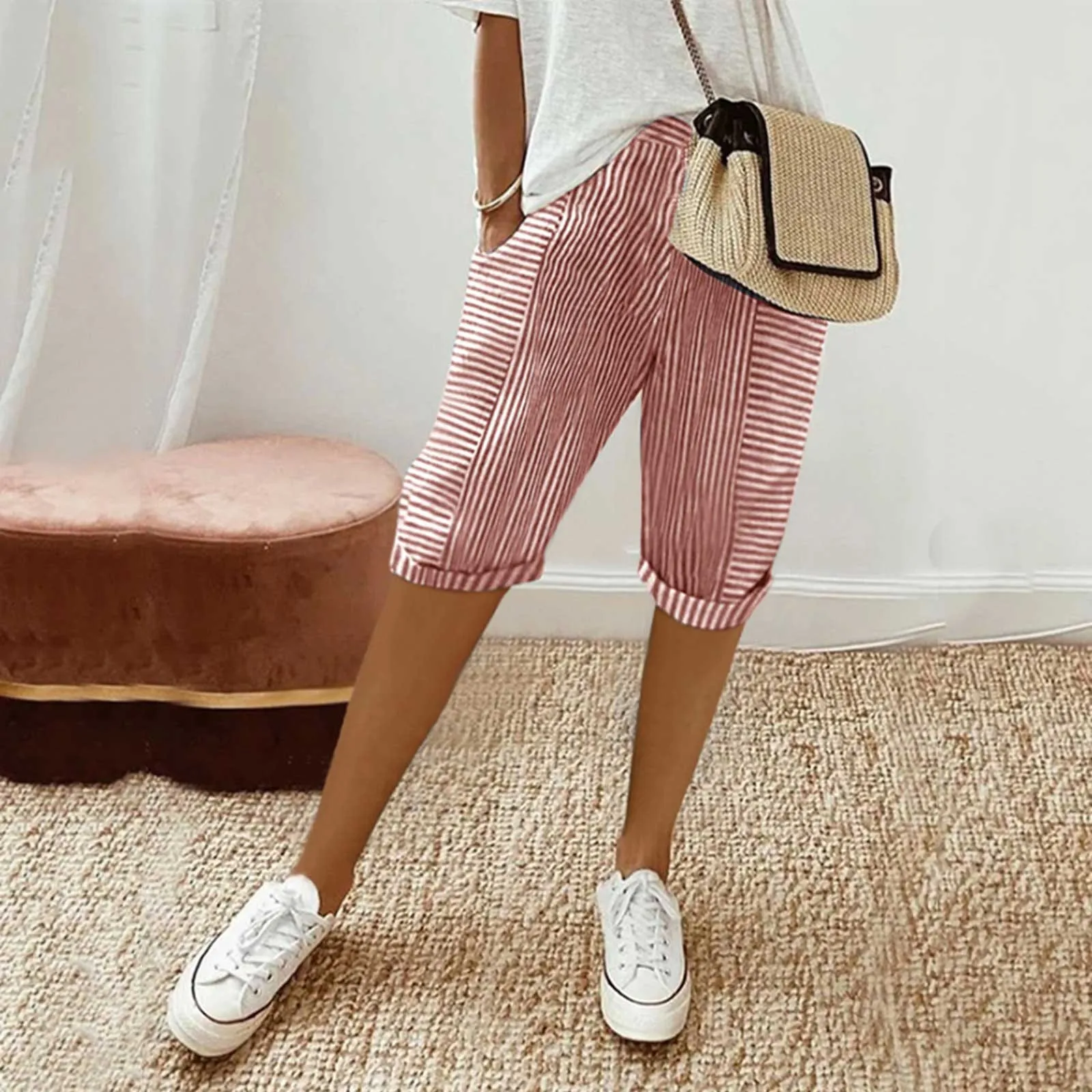 Summer Women\'s Shorts Fashion Versatile Comfortable Casual 2024 New Female Jacquard Stripe Panel Design Loose Trousers Pantalon