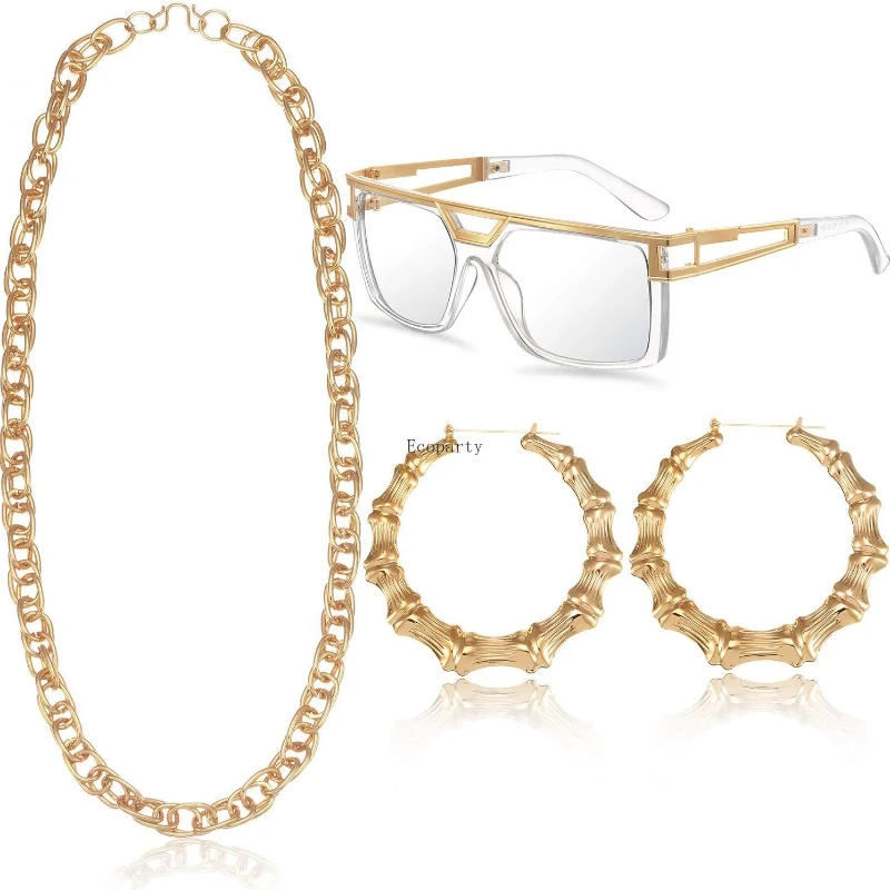 

35 90s Accessories Outfit for Woman 80s Clothes Hip Hop Costume Kit Old School Rapper Sunglasses Faux Gold Rope Chain Earrings