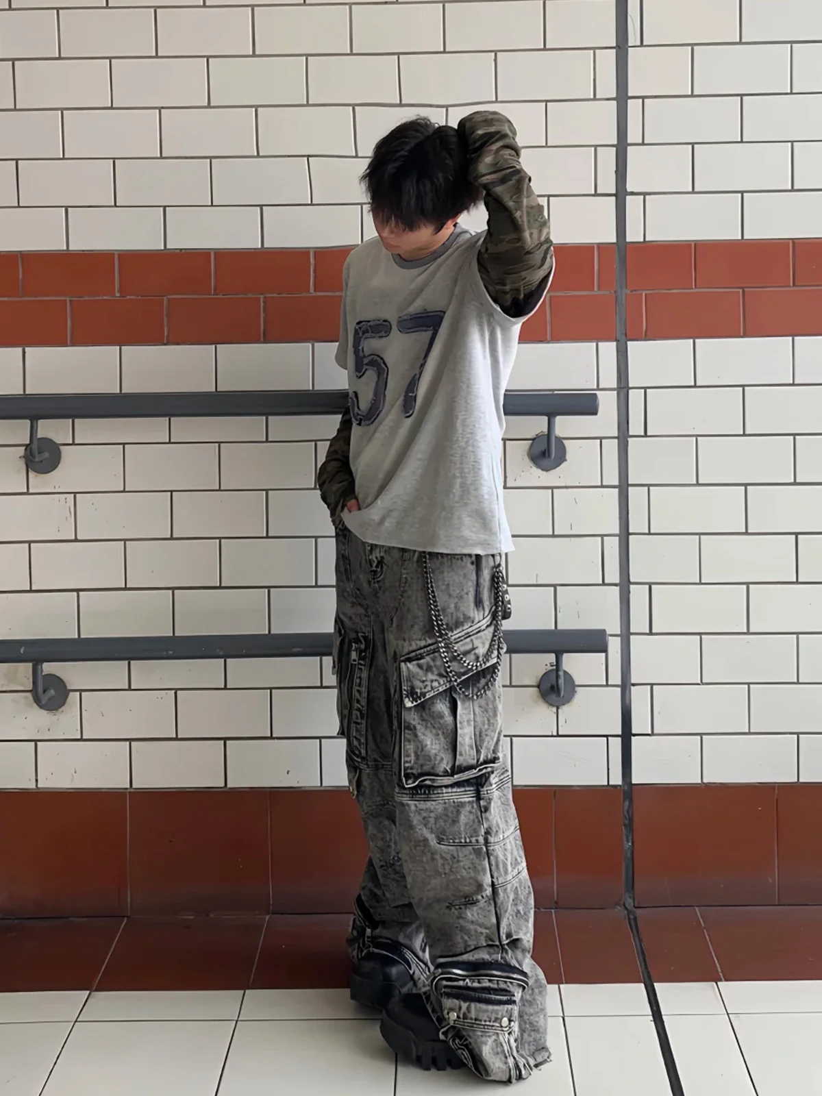 بنطلون جينز واسع الساق بأسلوب ملابس العمل للرجال، موضة الشارع الأمريكية، بنطلون كارجو مغسول متعدد الجيوب، بنطلون طويل شعبي لل...