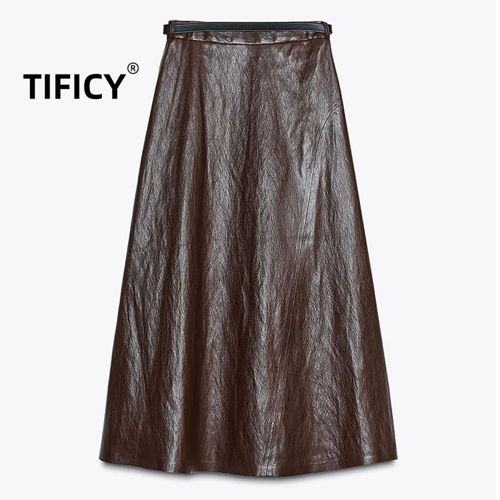 

High Street Faux Leather Skirts Autumn New Product Women's Versatile High Waist Casual Leather Effect Belt Midi Skirt