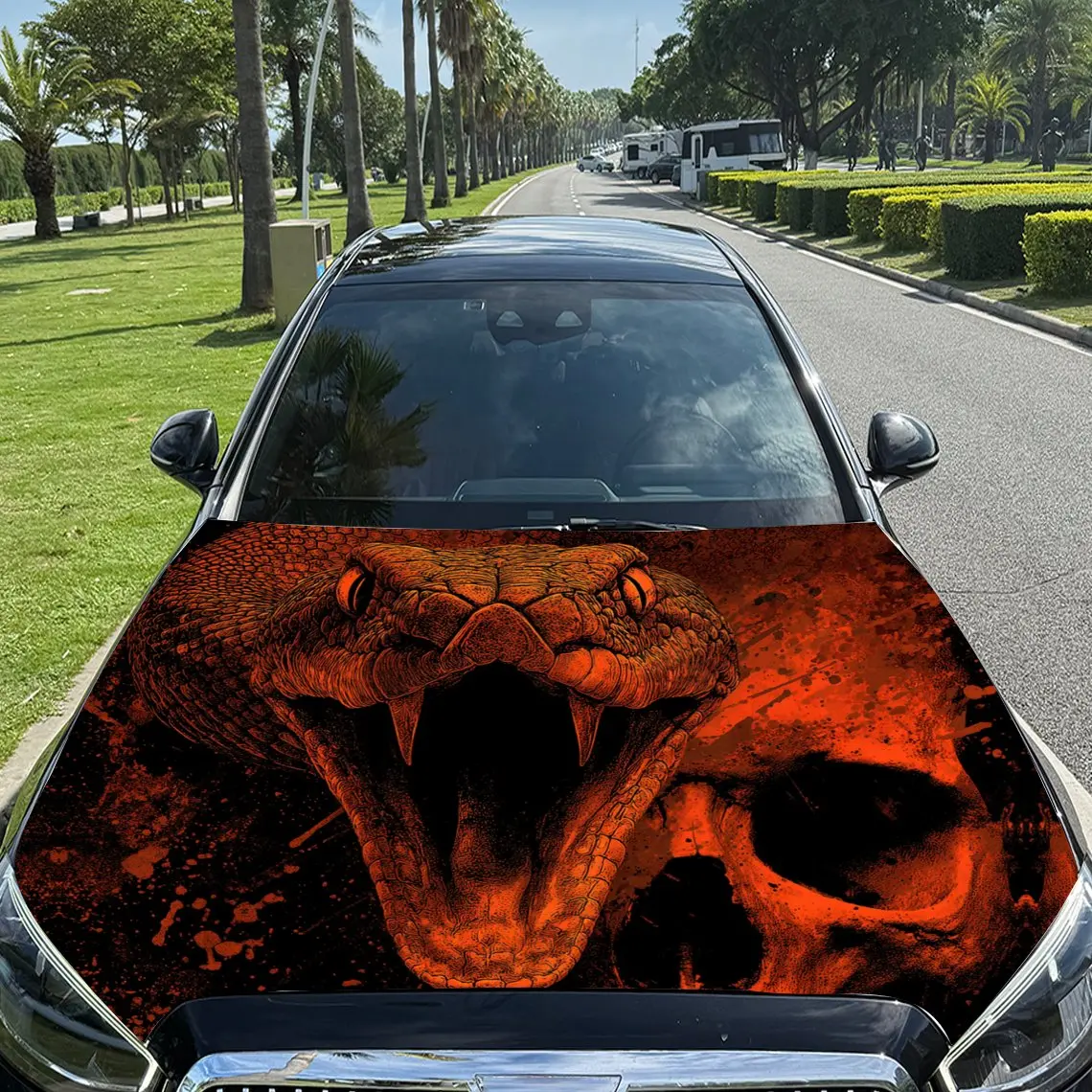 

Orange Snake with Skull Car Vinyl Wrap, PVC Material Waterproof Car Hood Sticker, Self-Adhesive Scratch-Resistant Stickers for E