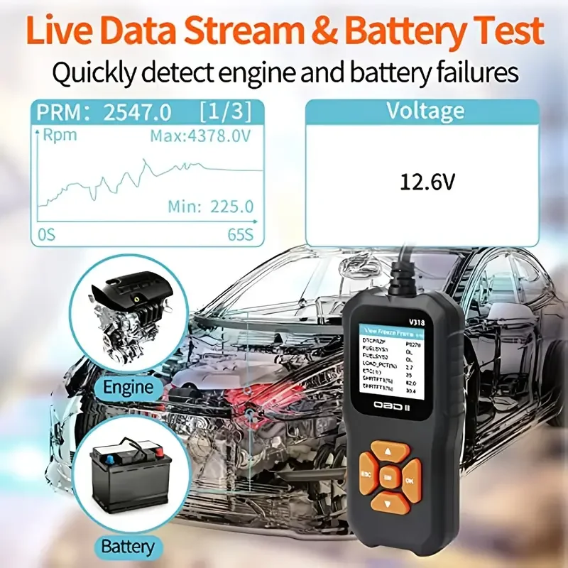 V318 Automotive Diagnostic Tool Automobile Battery Tester OBD2 Scanner Clear or Remove Error Codes Support Multiple Languages 