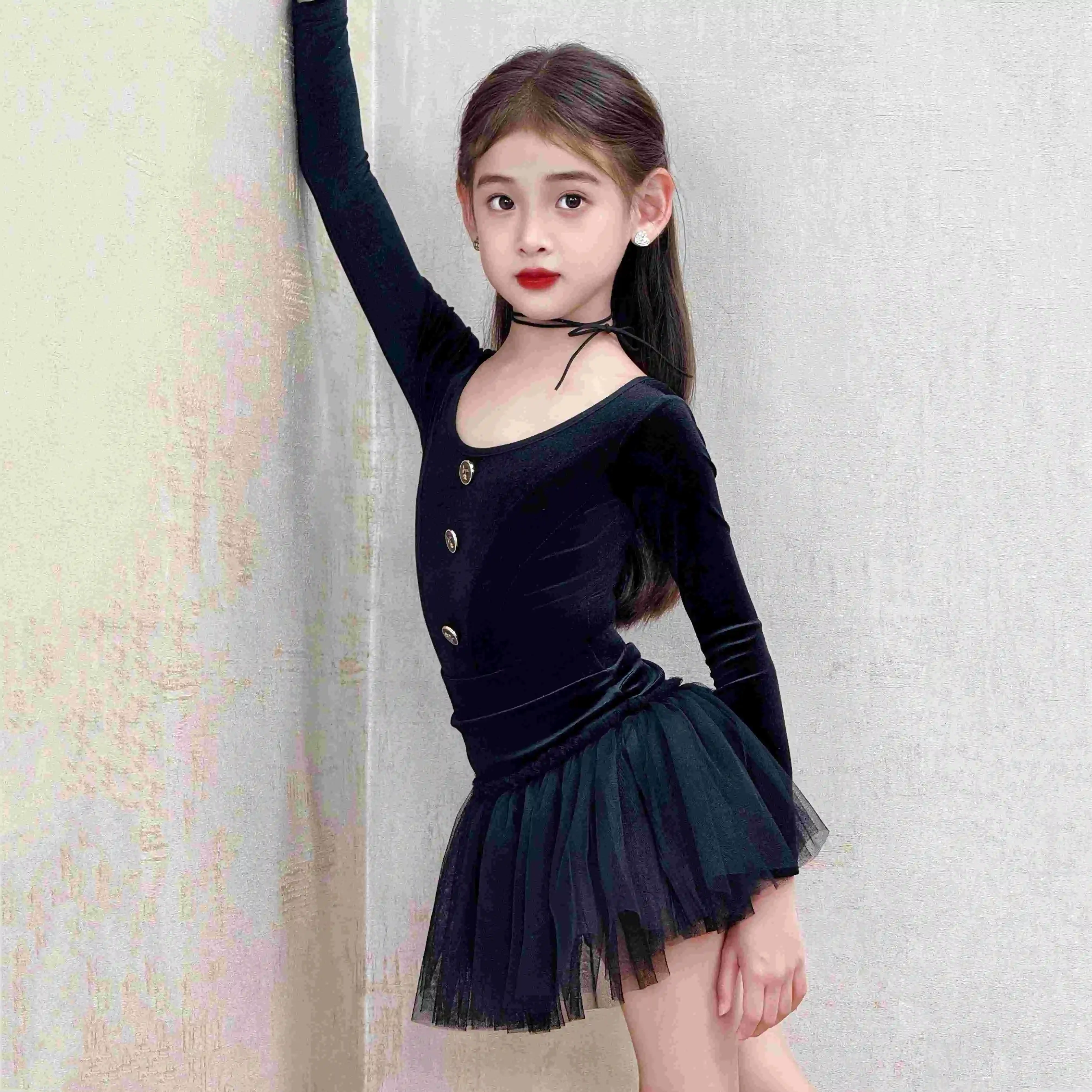 女の子ラテンダンス衣装長袖トップス糸チュチュスカート女の子トレーニング練習ダンスウェアルンバチャチャダンスドレス
