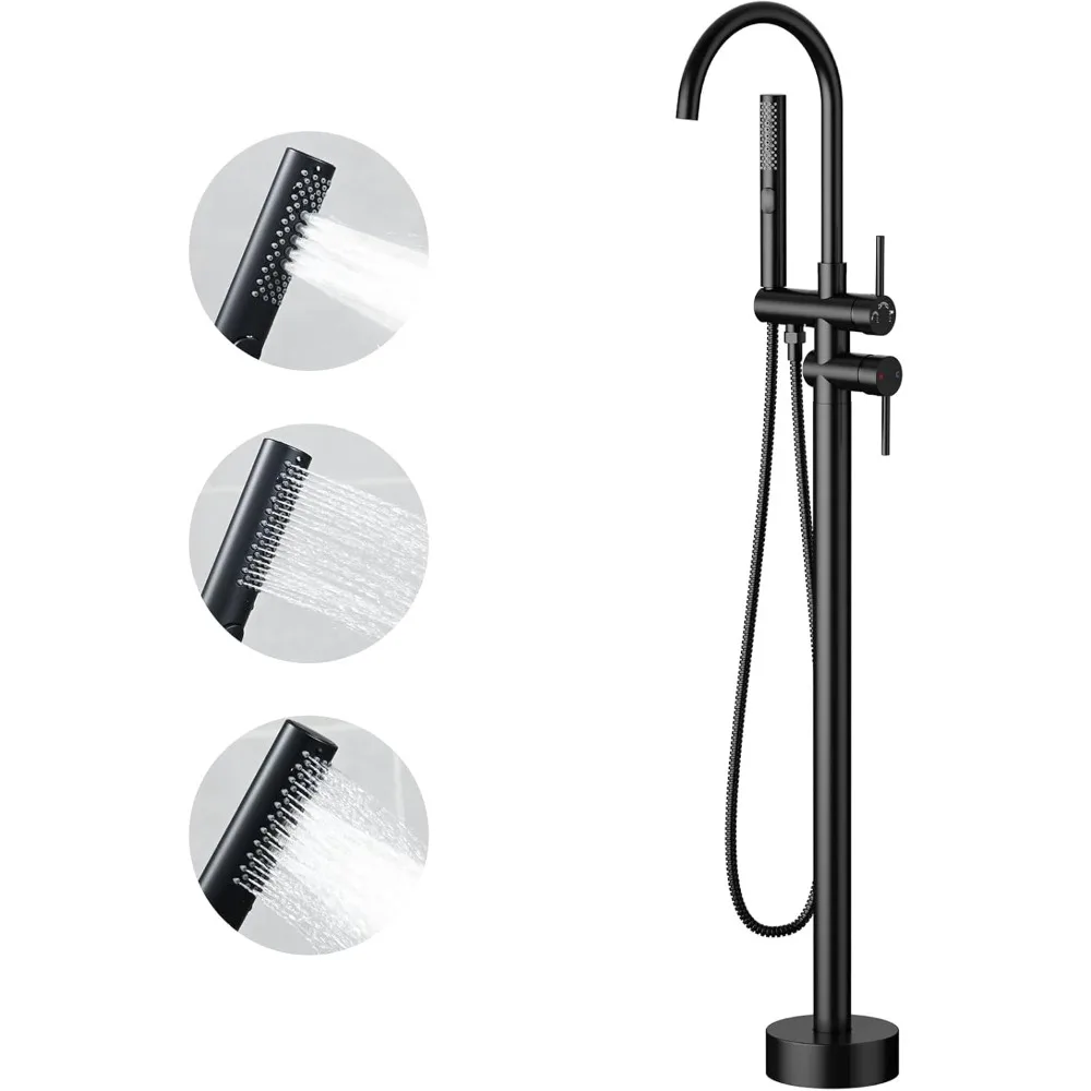 

Matte Black High Flow Freestanding Bathtub Faucet with 3-Function Handheld Shower, Floor Mount Design