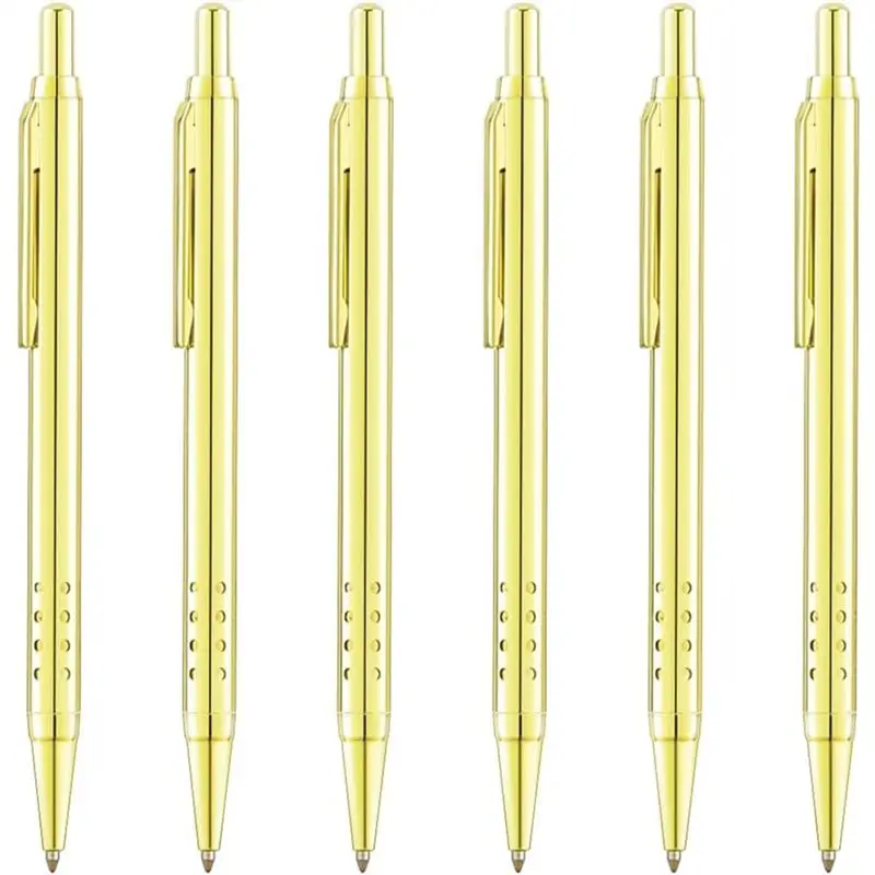NEW HOT In Stock-Gold Click Ballpoint Pens 6-Pack-Medium Point(1 Mm) Black Ink Metallic Retractable Pen With 6 Stainless Steel R