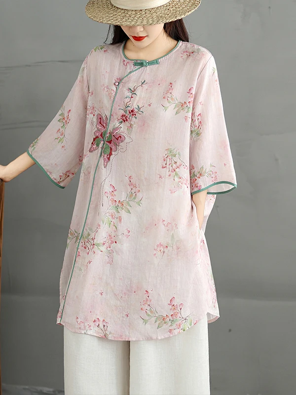 

New Summer Chinese Sle National Trend Retro Slanting Stitching Linen Mid-Length irt Women's Busin Casual Loose Fit Blouse