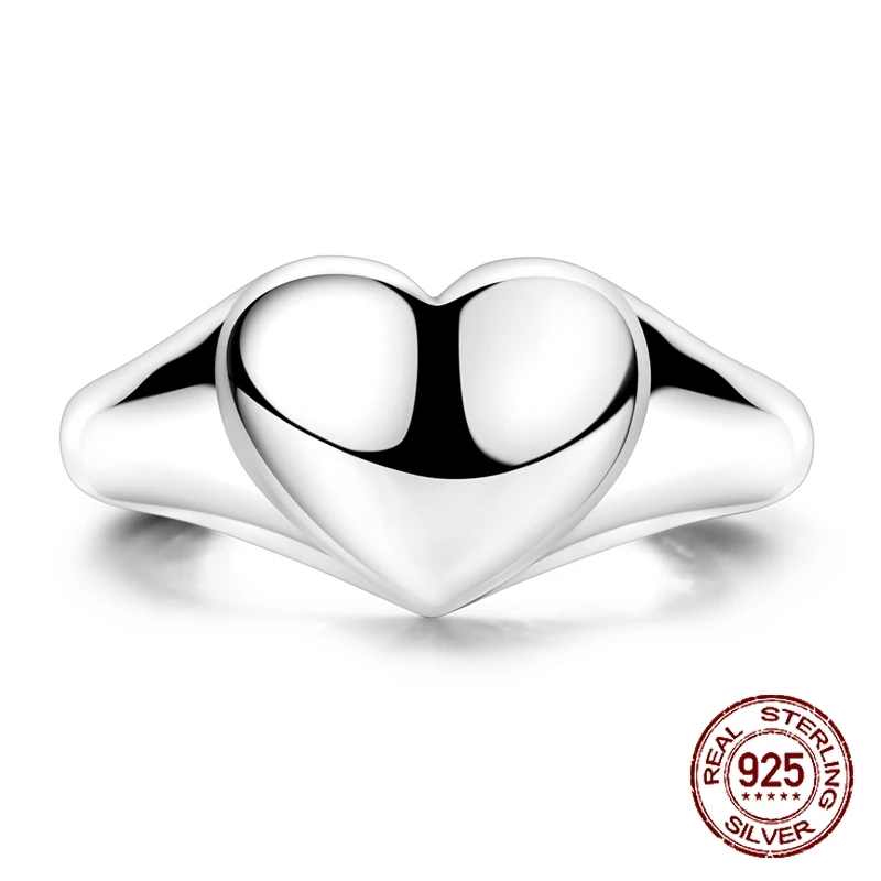 925 Sterling Silver Heart Signet Ring Polished Blank Top Minimalist Statement Ring Hypoallergenic Jewelry Gift for Women & Girls