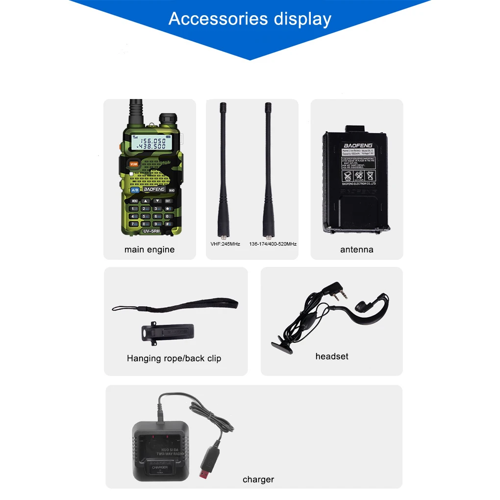 Baofeng Walkie talkie、イヤピース付きポータブルトランシーバー、UV-5R dualband、双方向ラジオ、vhf、136-174mhz、400-520mhz、fm