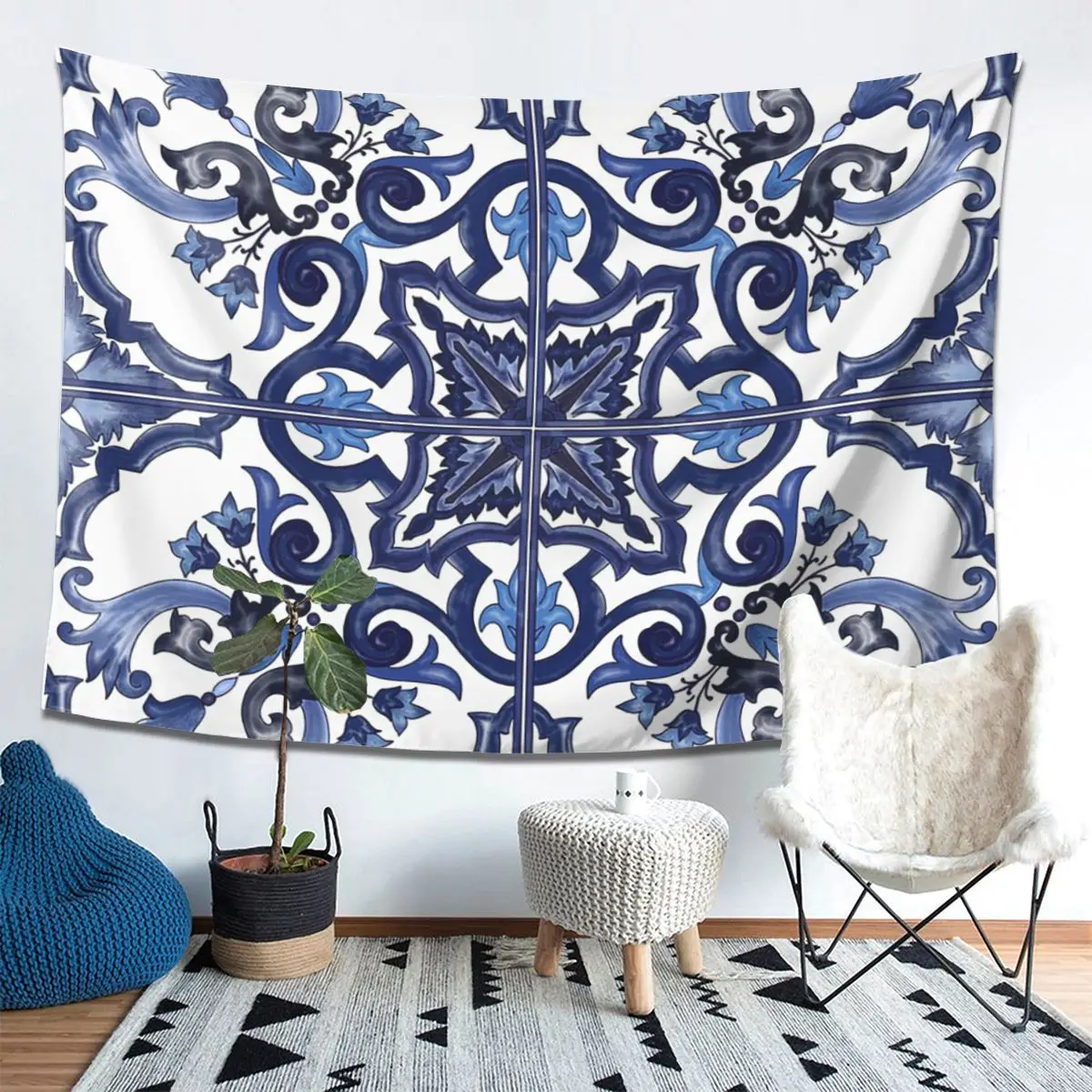 الأزرق المزخرف الأزهار البحر الأبيض المتوسط صقلية بلاط نسيج ديكور الفن المفروشات الجمالية لغرفة النوم المنزل قماش صوفي الجدار الشنق