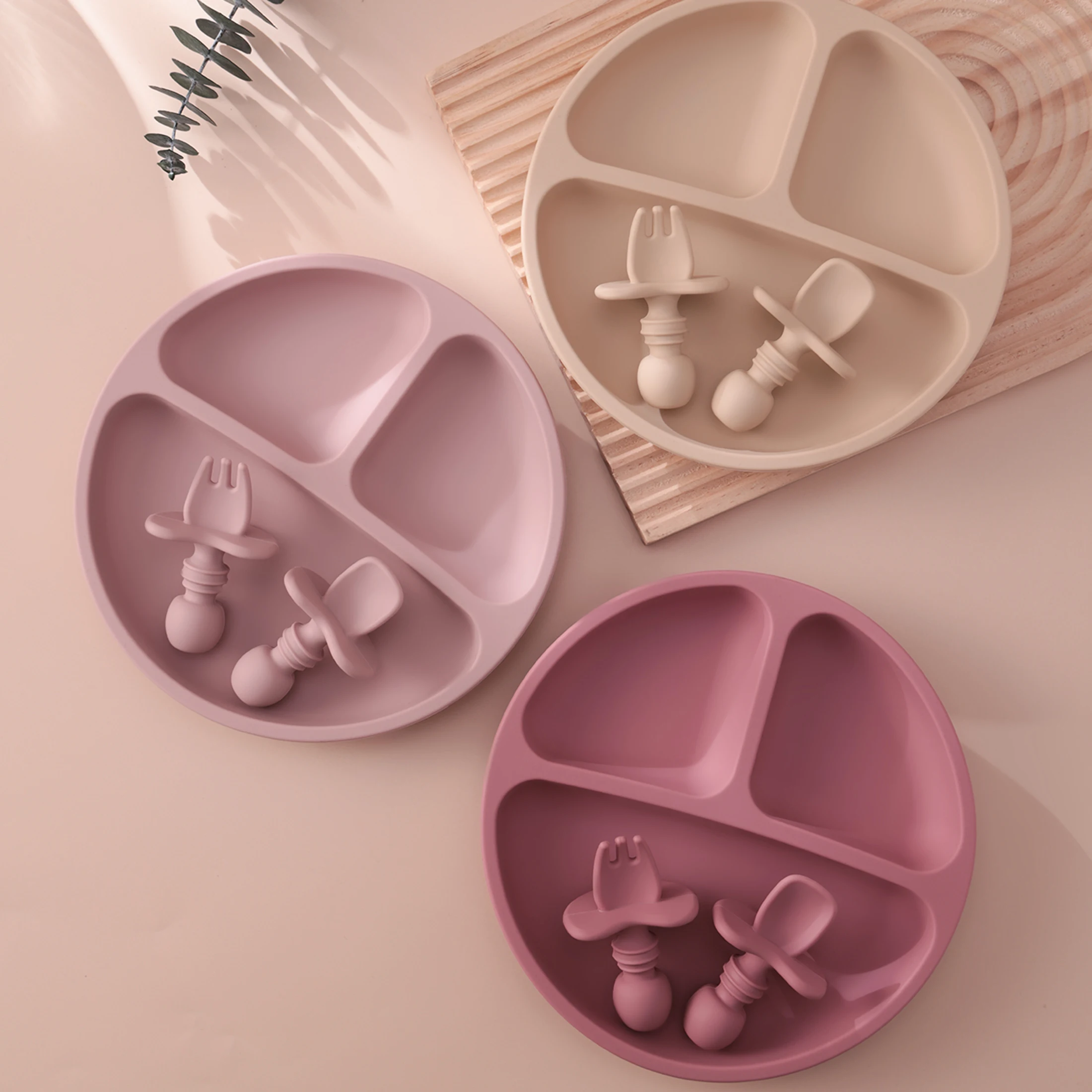 Color Kids 3PCS BPA Free Silicone Baby Plate Suction Smile Face Dish Set Toddler Training Spoon Fork Kids Feeding Tableware