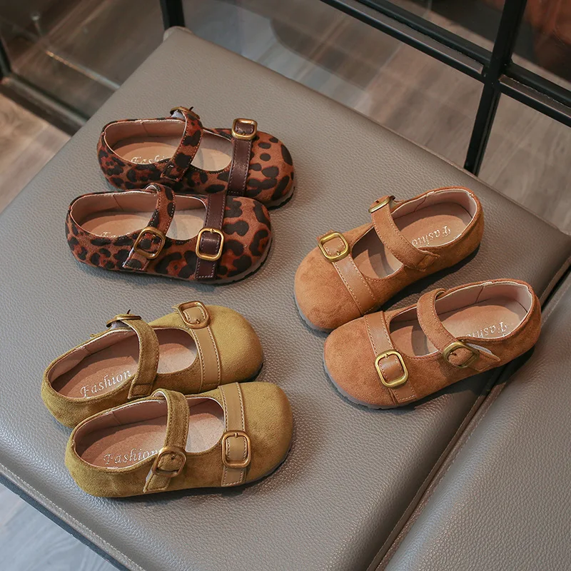 Girls Retro Leopard Print Mary Jane Shoes Spring Autumn New Soft-soled Children's Suede Buckle PU Leather Loafer Shoes