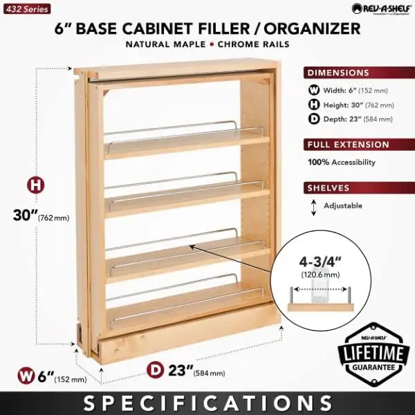 Rev-A-Shelf Pull Out Cabinet Organizer 432-Bf-6C, wielofunkcyjny 6-calowy wypełniacz podstawy szafki kuchennej z 3 regulowanymi półkami