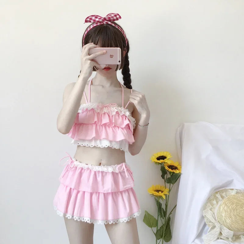 Cute Girls Lolita Ruffle Bikini Sukumizu Cosplay Pink And Black Color Swimsuit Hollowed Multilayer Hem Biquini Women Swimwear