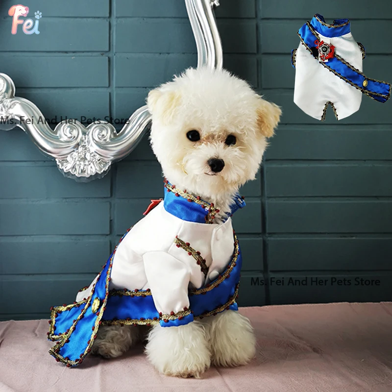 

Handmade Snow White Princess Pet Dress, Royal Blue White Tulle Gown with Golden Red Trim, Custom Cosplay Costume for Dog and Cat