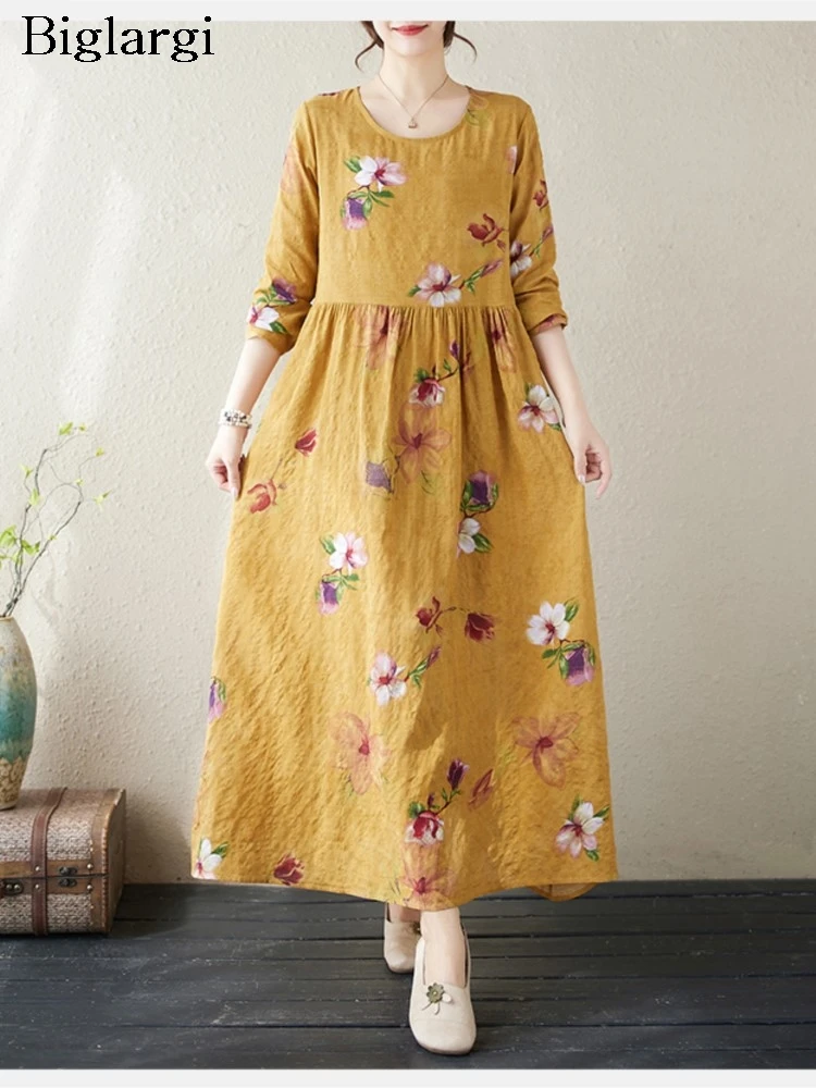 

Oversized Spring Summer Long Cotton Linen Dress Women Flower Floral Modis Casual Loose Ladies Dresses Ruffle Pleated Woman Dress