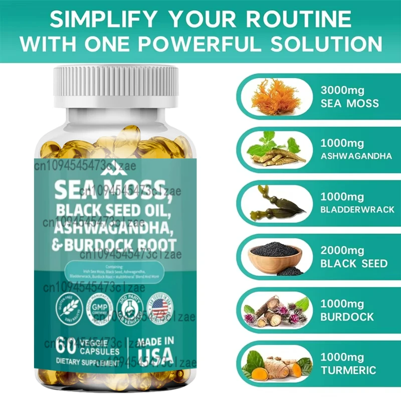 

60 Capsules 7000mg Seaweed 4000mg Black Seed Oil 2000mg Ashwagandha Burdock Root Sea Anemone Root Vitamin C Curcumin