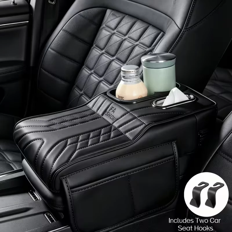 Car Armrest Box Cover Double Side Pocket Console Pad With Cup Holder Tissue Box Storage Organizer Seat Hooks For Sedan SUV Truck
