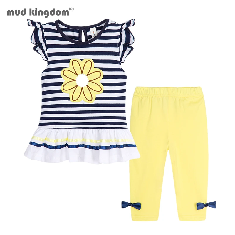 Mudkingdom Girls Outfit Ruffle Sleeve Top and Capri Legging Clothing Set Summer Cute Cartoon Clothes for Toddler Girl Suit