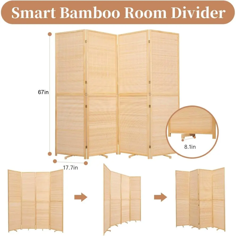 Portable 4-Panel Bamboo Room Divider, 67 Tall, Handcrafted Folding Privacy Screens for Multipurpose Use