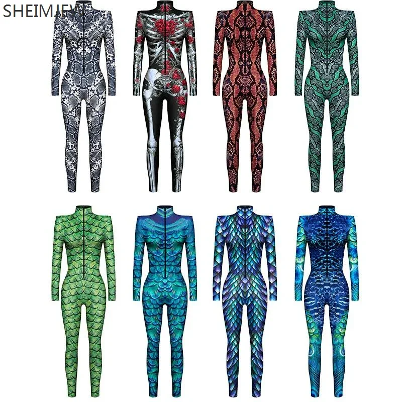 Women Men 3D Printed Animal Snake Python Skull Cosplay Jumpsuit Adult Halloween Cosplay Circus Cycling Costume Carnival Bodys&J1