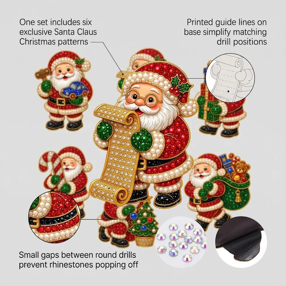 6PCS 3D Santa Claus Diamond Painting Fridge Magnet Full Drill Diamond DIY Rhinestone Art Diamond Painting Refrigerator Magnet
