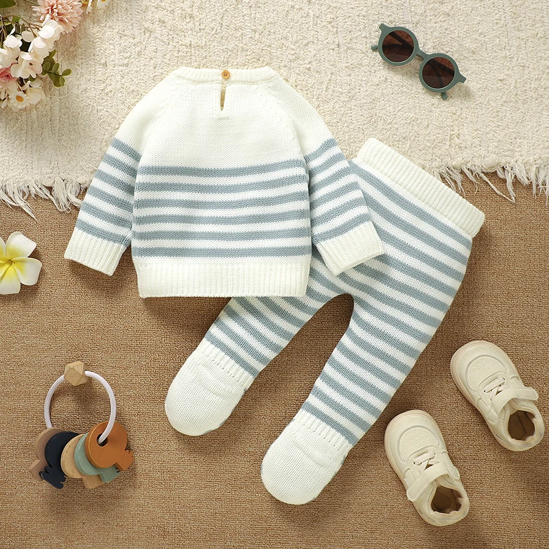 0-1Y Infant Baby Clothes Fashion Stripes Knitted Sweaters Jumpers+Leggings Newborn Boys Girls Outfits Sets 2pcs Toddler Knitwear